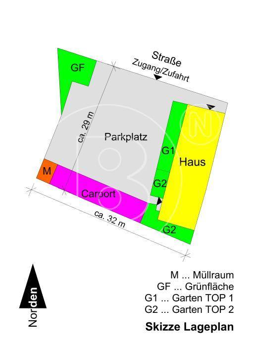 Lageplan des Grundstücks mit Gebäude, Parkplatz, Carport und Grünflächen.