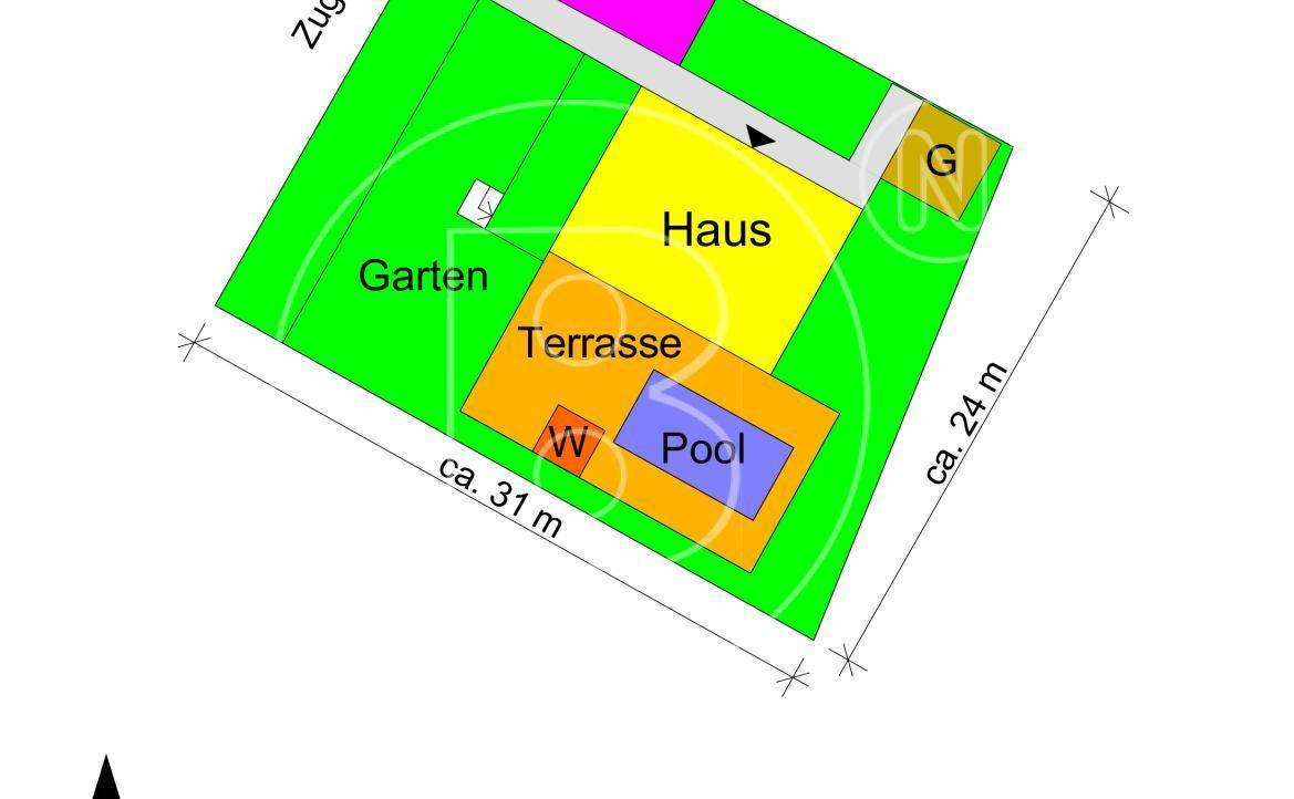 Übersichtsplan des Grundstücks mit Haus, Garten, Terrasse und Poolbereich.