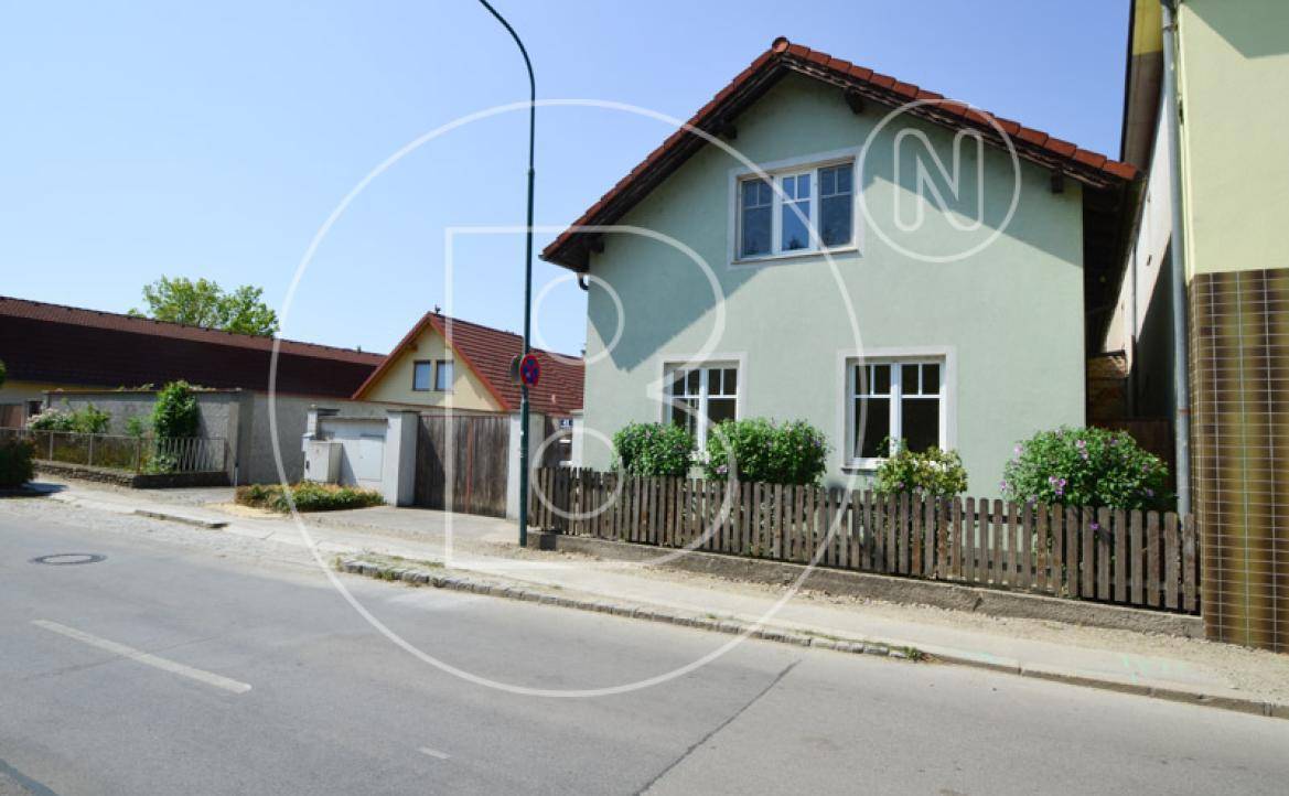 Charmantes Einfamilienhaus mit hellgrüner Fassade und Holzzaun an der Straße.