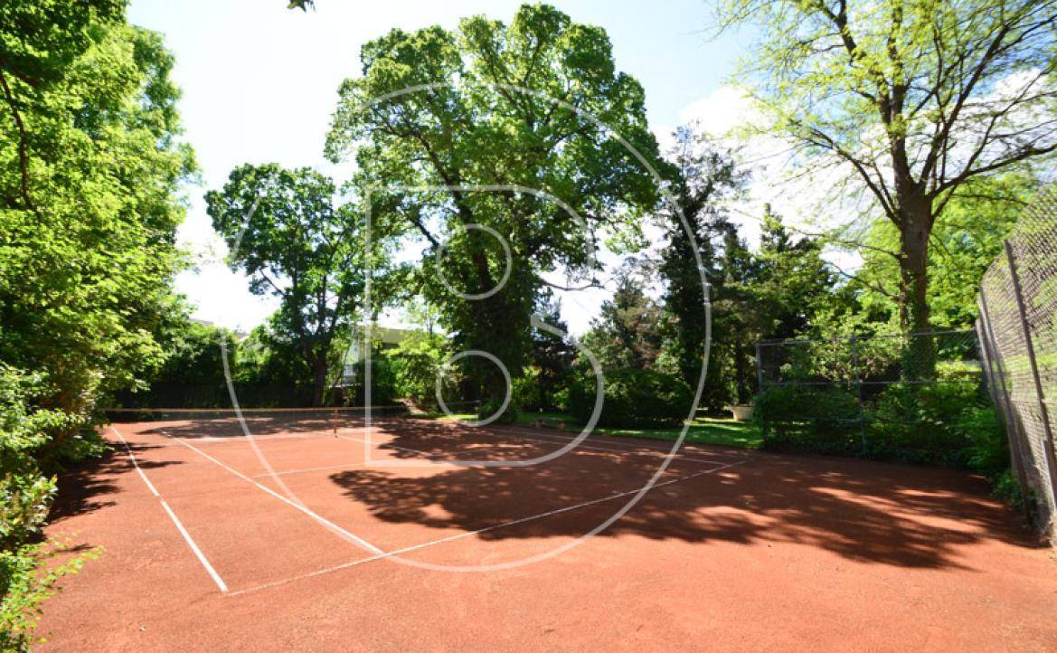 Gut gepflegter Tennisplatz mit rotem Sandbelag, umgeben von hohen Bäumen.