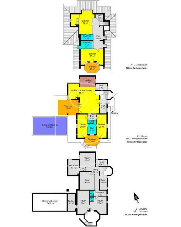 Detaillierter Grundriss mit Aufteilung der Zimmer und Flächen über mehrere Etagen.