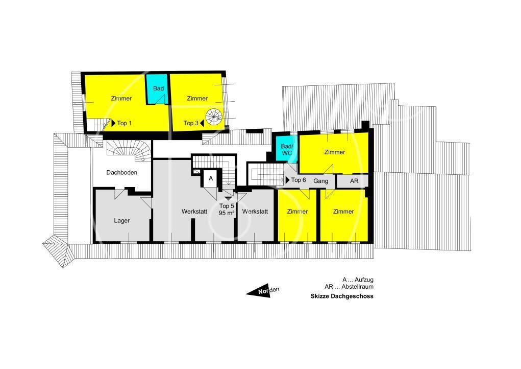Grundriss des Dachgeschosses mit Zimmern, Bädern und Werkstattbereichen.