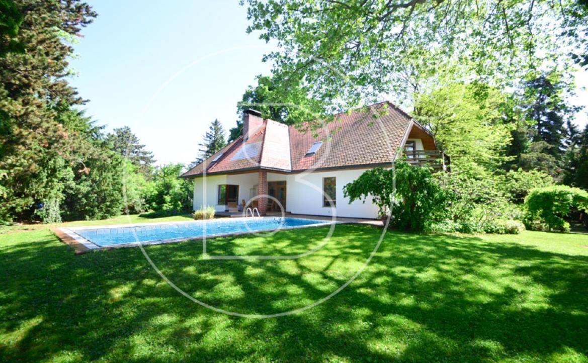 Weitläufiger Garten mit Swimmingpool und sonniger Liegewiese vor dem Haus.