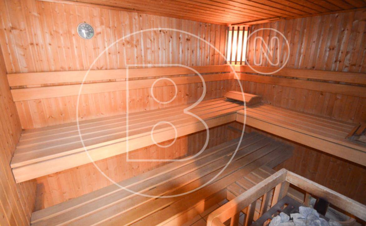 Traditionelle Holzsauna mit mehreren Sitzbänken und Saunaofen für Entspannung.