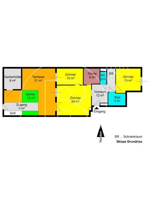Detaillierter Grundriss einer Wohnung mit Terrasse, Garten, Küche und mehreren Zimmern.
