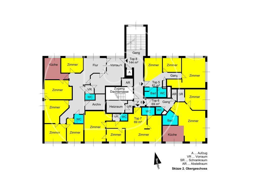 Grundriss des zweiten Obergeschosses mit Wohnungen, Dachterrasse und mehreren Bädern.