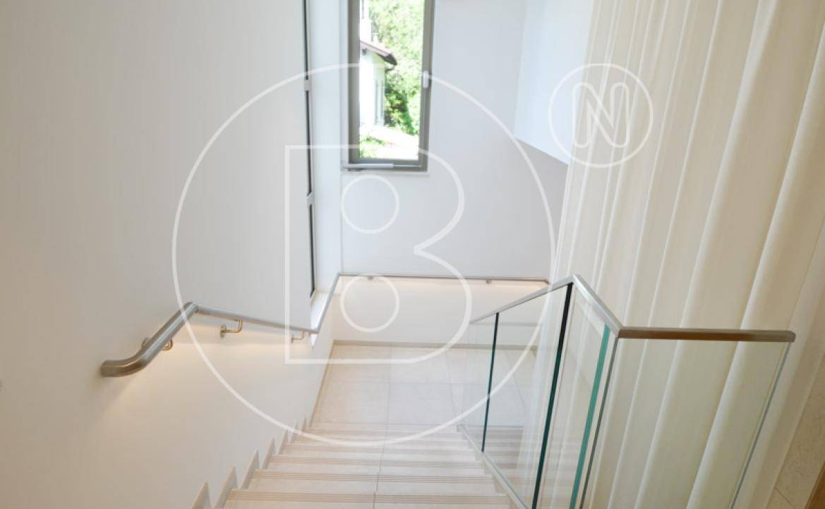 Moderne Treppe mit Glasgeländer und Fenster, die viel Licht in den Flurbereich bringt.