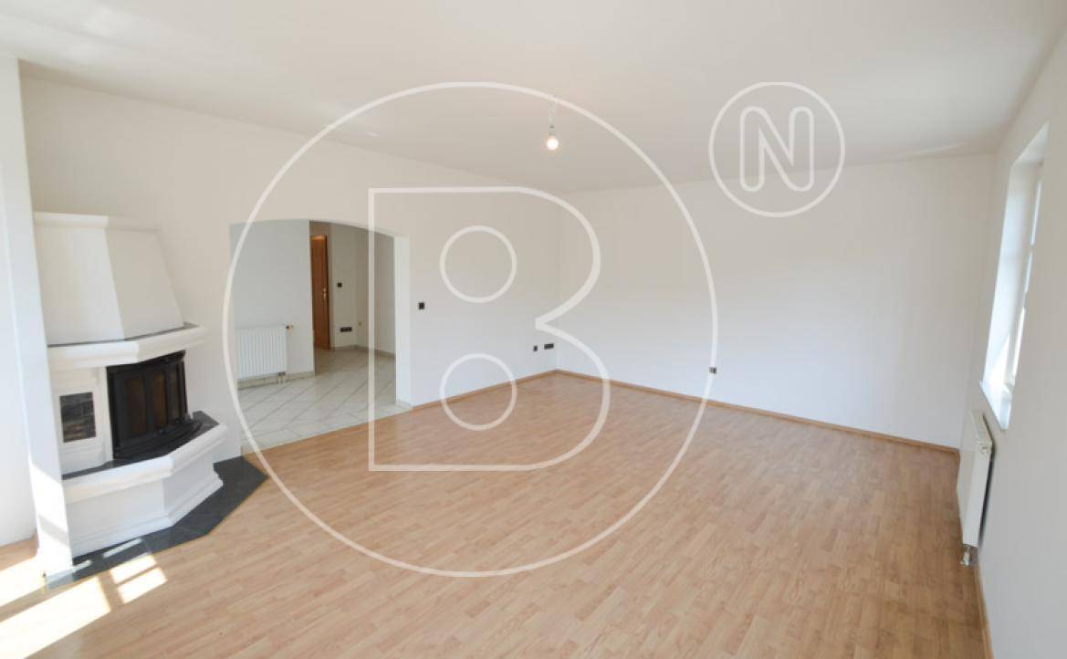 Helles Wohnzimmer mit Kamin, Laminatboden und offenem Durchgang zu einem weiteren Raum.