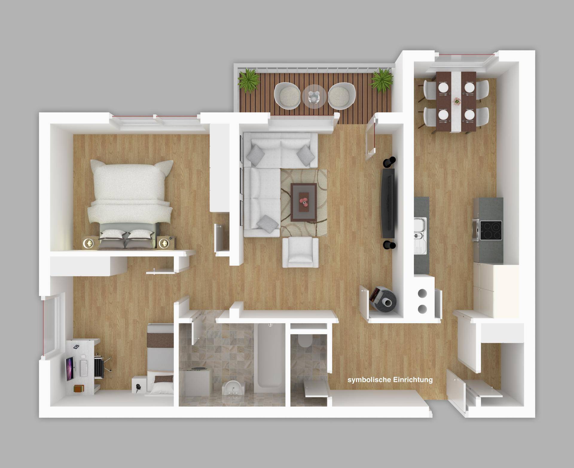 Detaillierter Grundriss einer Wohnung mit Schlafzimmer, Wohnbereich, Küche und Balkon.