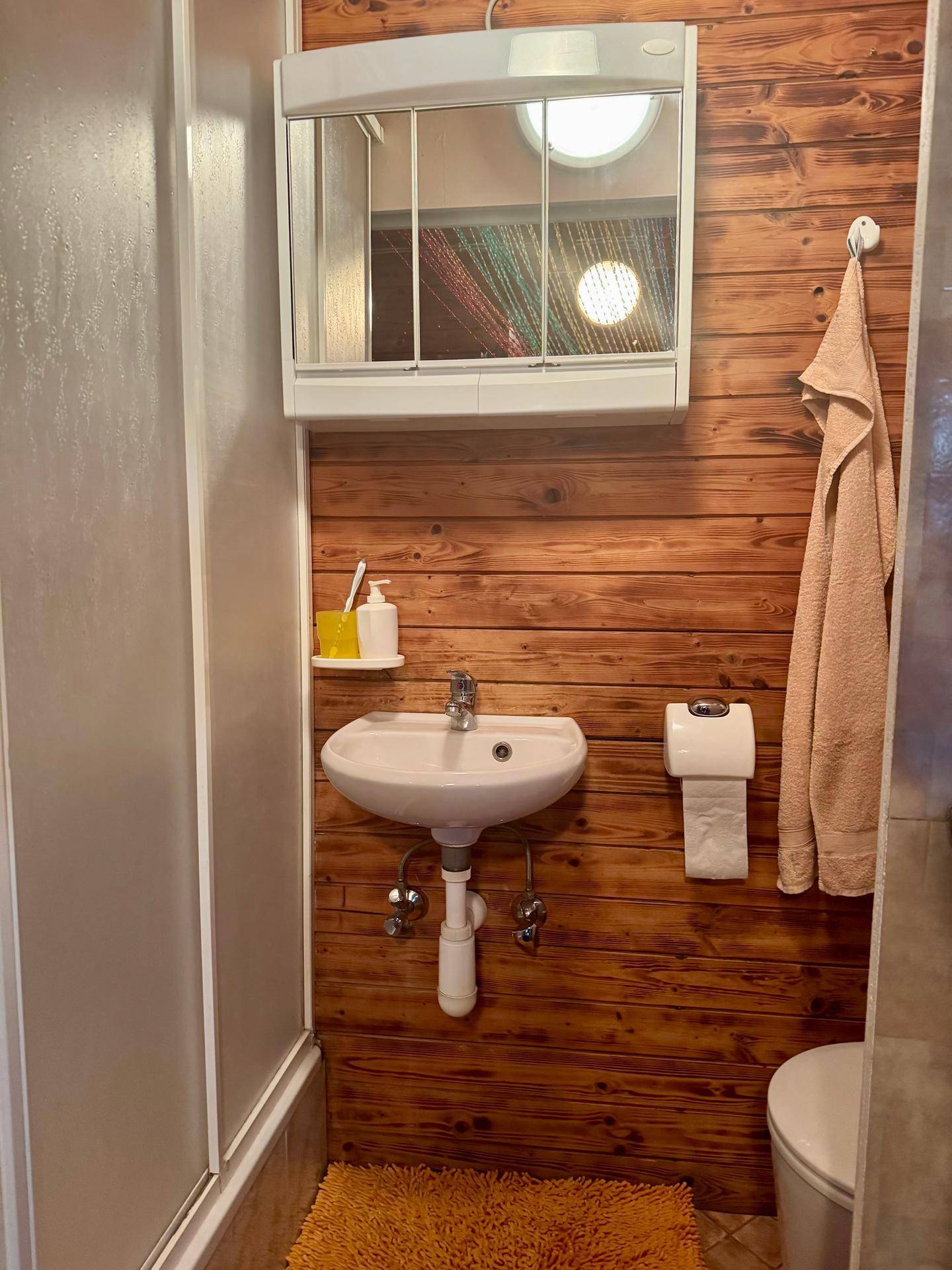 Kleines Badezimmer mit Holzverkleidung, Waschbecken, Dusche und Spiegelschrank.