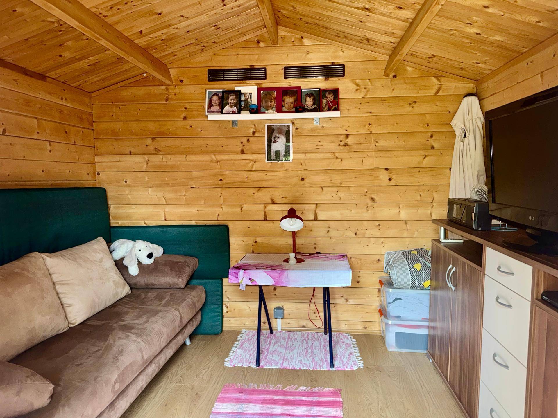 Rustikaler Innenraum mit Holzverkleidung, Sofa und Fernseher, gemütlich eingerichtet.