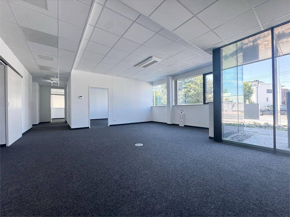 Geräumiges, leeres Büro mit dunklem Teppichboden und großen Fenstern, die viel Tageslicht hereinlassen.