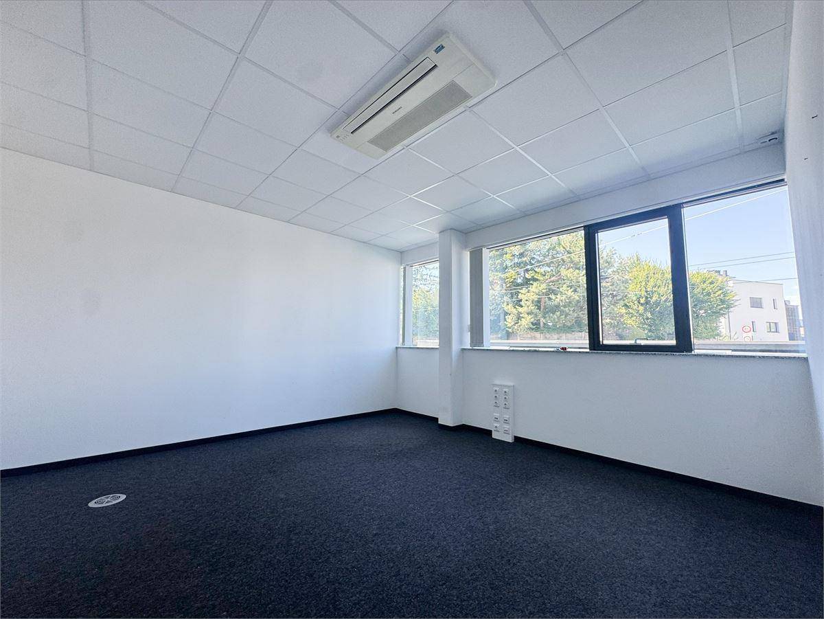 Leerer Büroraum mit großen Fenstern, Blick ins Grüne und dunklem Teppichboden.