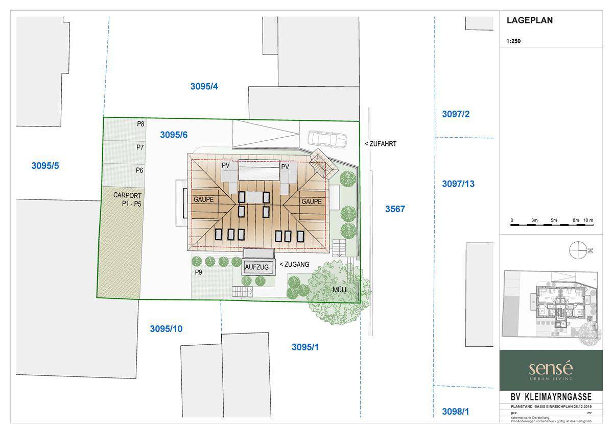 Lageplan des Grundstücks mit Gebäude, Carport, Zufahrt und umliegenden Parzellen.