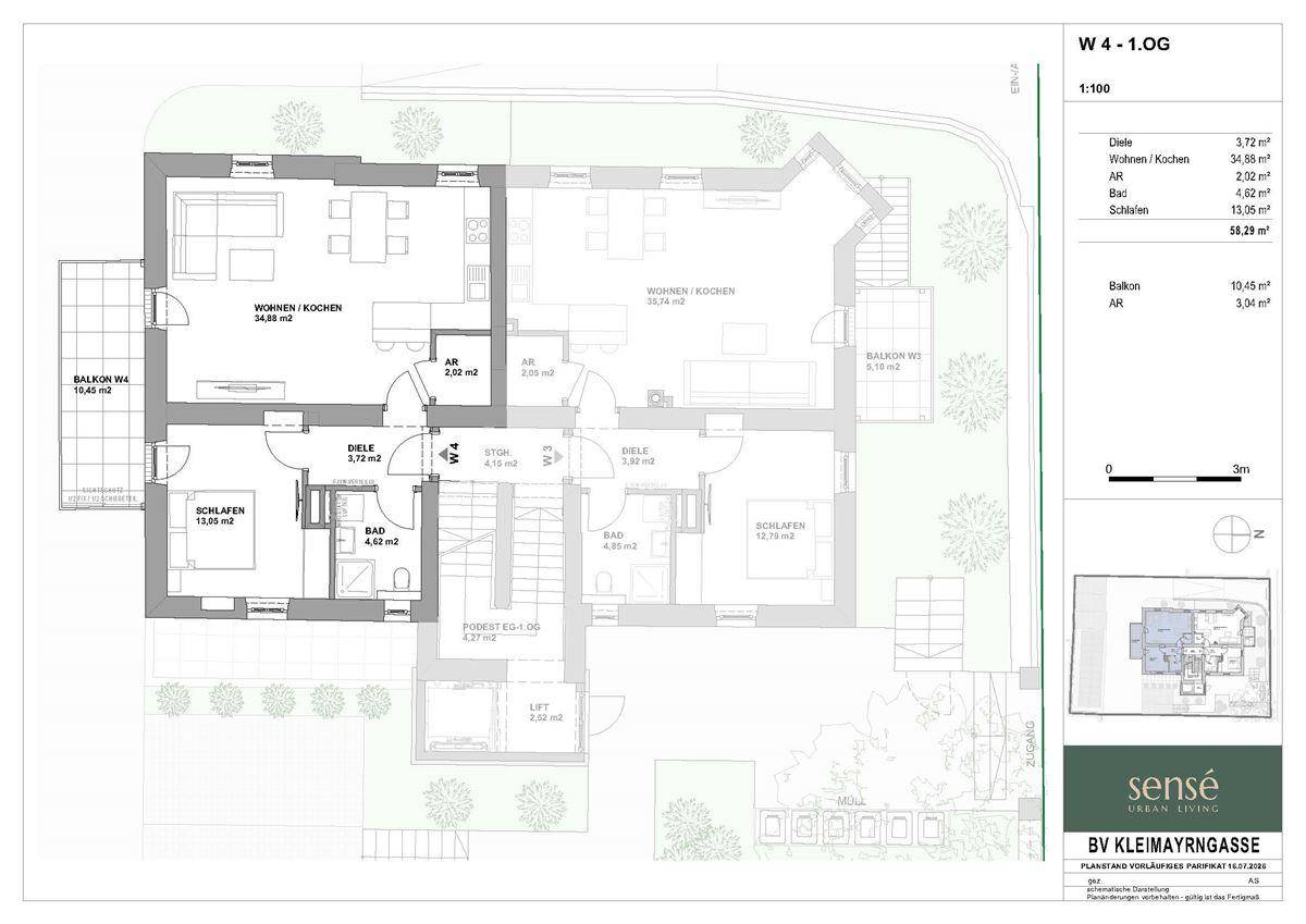 Grundriss einer Wohnung im ersten Obergeschoss mit Balkon, zwei Schlafzimmern und offenem Wohnbereich.