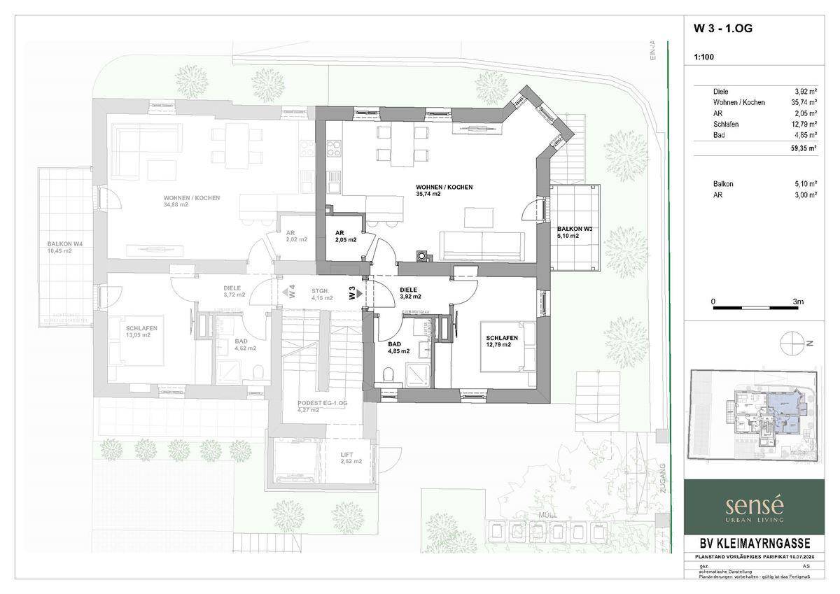 Grundriss der Wohnung W3 im ersten Obergeschoss mit Balkonen und offenem Wohnbereich.