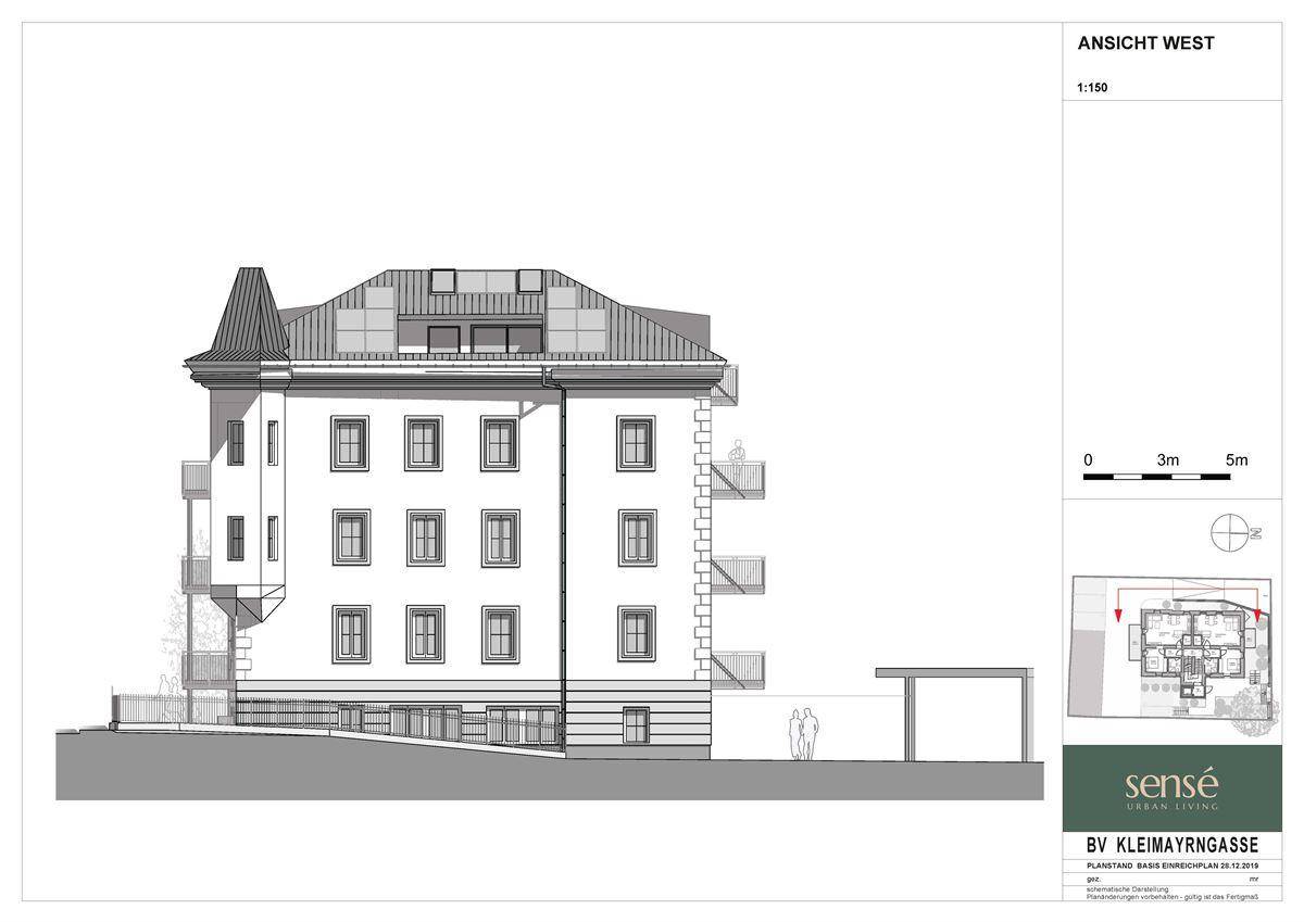 Architektonische Ansicht der Westfassade des Gebäudes mit Balkonen und Dachgauben.