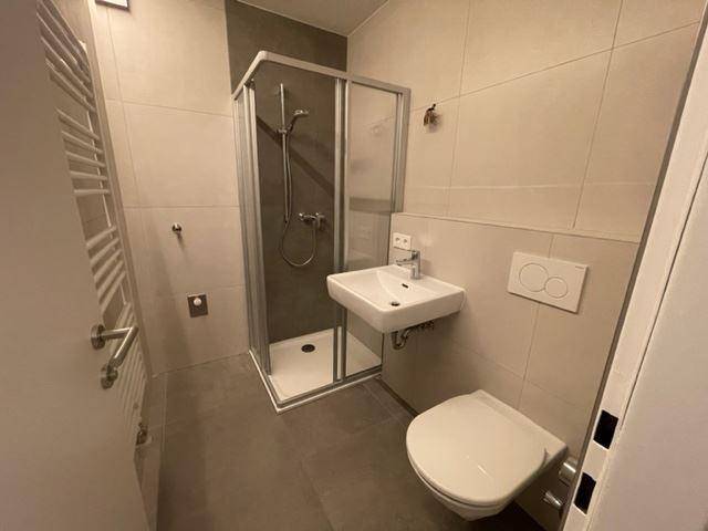 Kleines, modernes Badezimmer mit Duschkabine, Wand-WC und beheiztem Handtuchhalter.