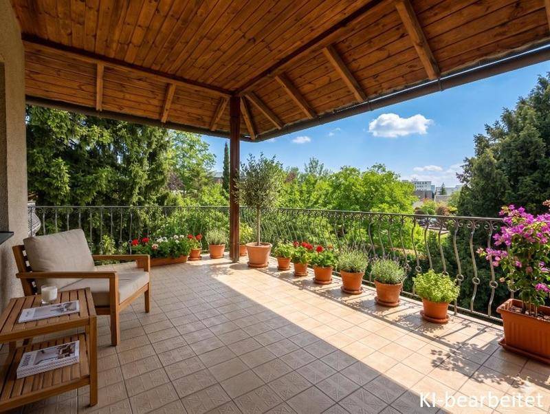 Überdachter Balkon mit Sitzgelegenheiten, vielen Pflanzen und grüner Aussicht.