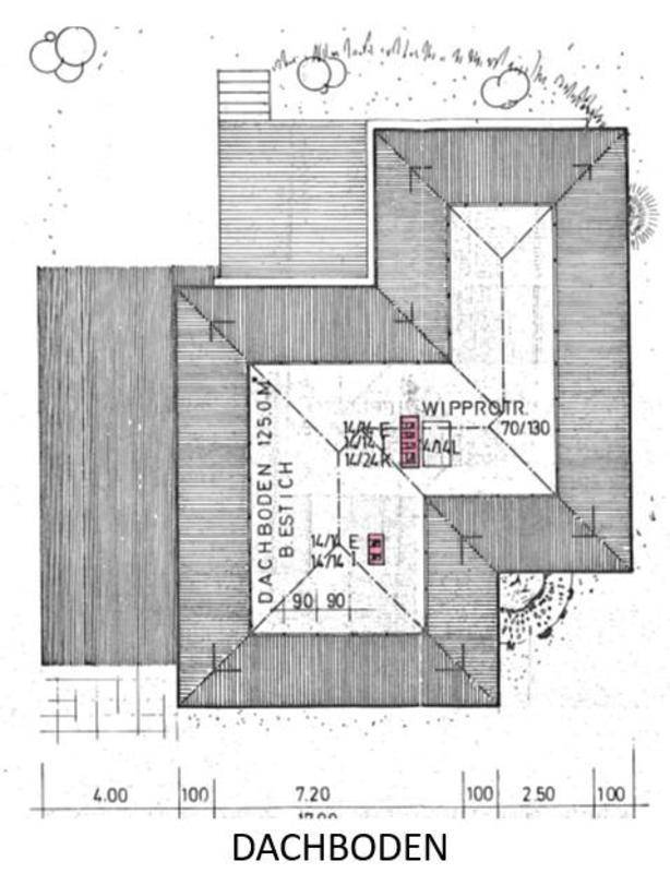 Grundriss des Dachbodens mit Dachschrägen und Lagerflächen.