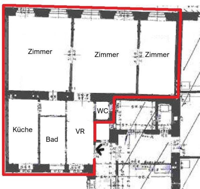 Grundrissplan einer Wohnung mit drei Zimmern, Küche, Bad und separatem WC.