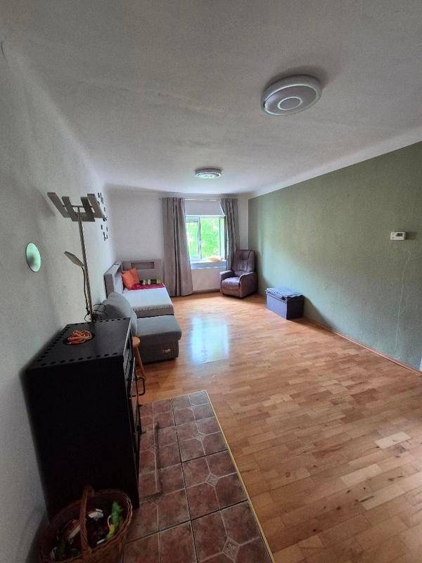 Helles Wohnzimmer mit Holzparkettboden, grüner Akzentwand und Fensterblick ins Grüne.
