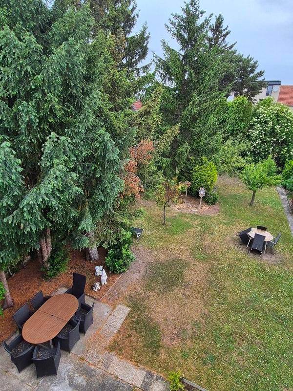 Großer Gartenbereich von oben gesehen mit zwei Sitzgelegenheiten und vielen Bäumen.