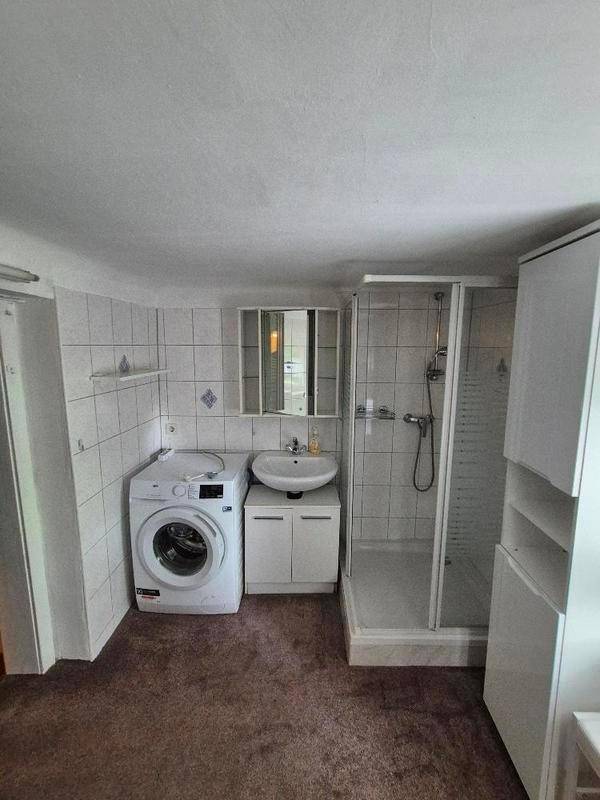 Funktionales Badezimmer mit Dusche, Waschmaschine und Fliesen an den Wänden.