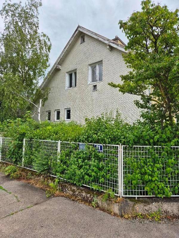 Seitenansicht eines Hauses mit weiß gestrichener Ziegelfassade und üppigem Grün.