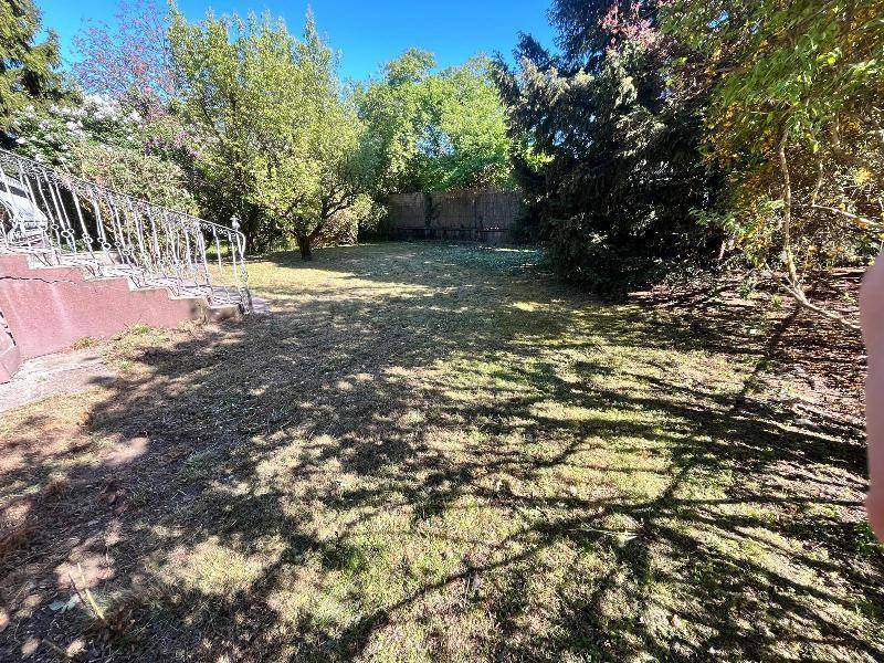 Großer, gepflegter Gartenbereich mit Rasenfläche und altem Baumbestand.