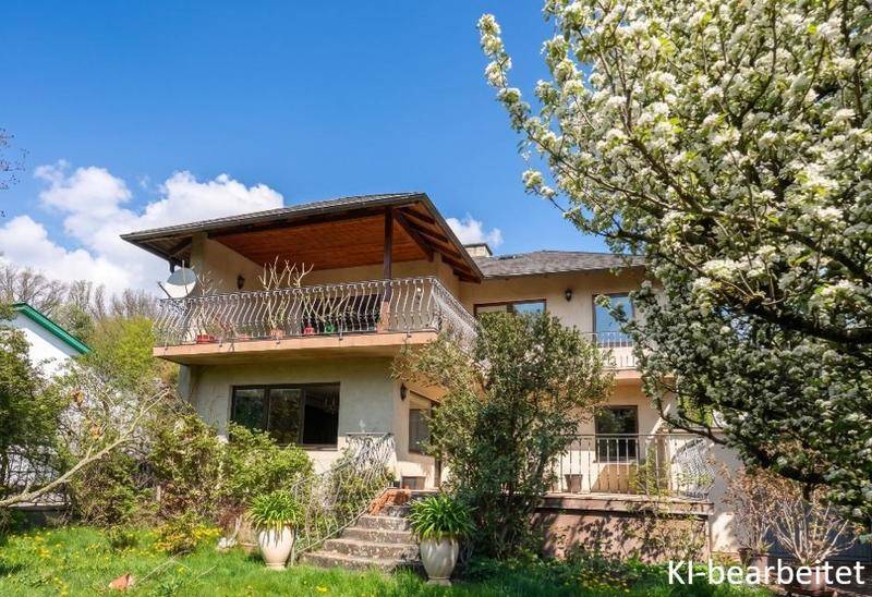Das Haus von der Gartenseite aus gesehen, umgeben von Bäumen und blühenden Sträuchern.