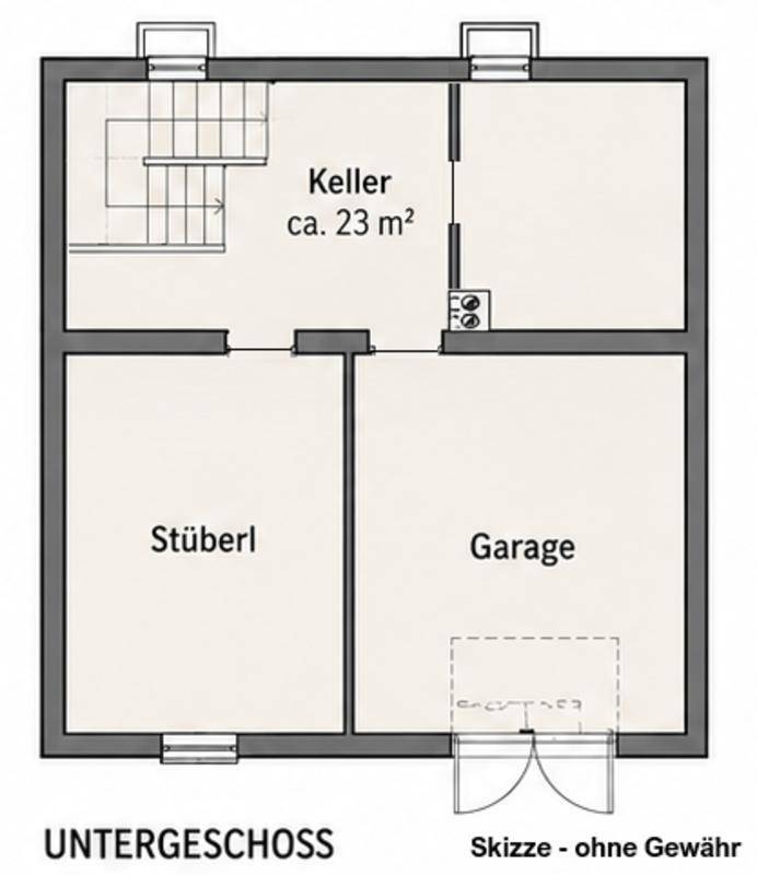 Grundriss des Untergeschosses mit Keller, Stüberl und Garage.