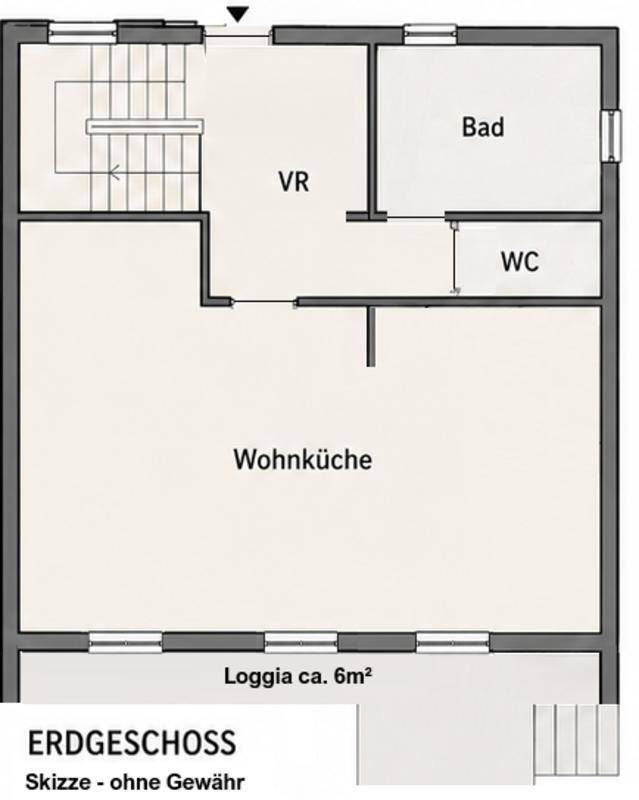 Grundriss des Erdgeschosses mit Wohnküche, Bad, WC und Loggia.