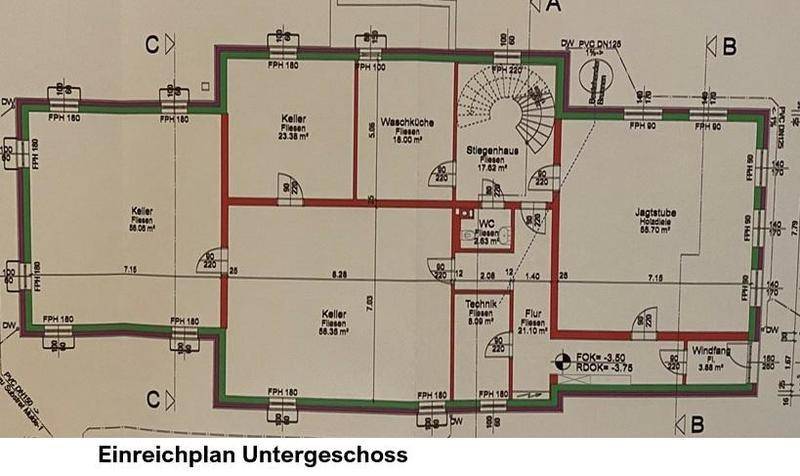 Detaillierter Einreichplan des Untergeschosses mit Keller, Waschküche und Jägerstube.
