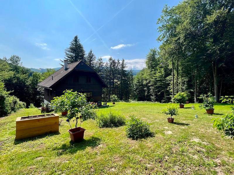 Freistehendes Haus in weitläufigem Garten mit Bäumen und Blick auf die Landschaft.