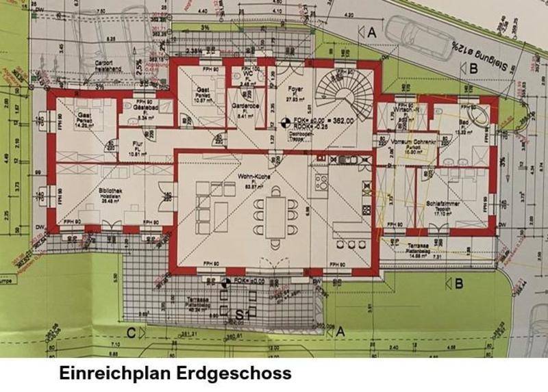 Detaillierter Einreichplan des Erdgeschosses mit Wohnküche, Bibliothek und Schlafzimmer.