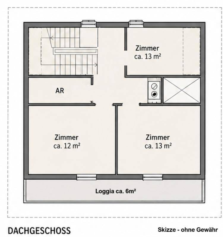 Grundriss des Dachgeschosses mit drei Zimmern, Abstellraum und Loggia.