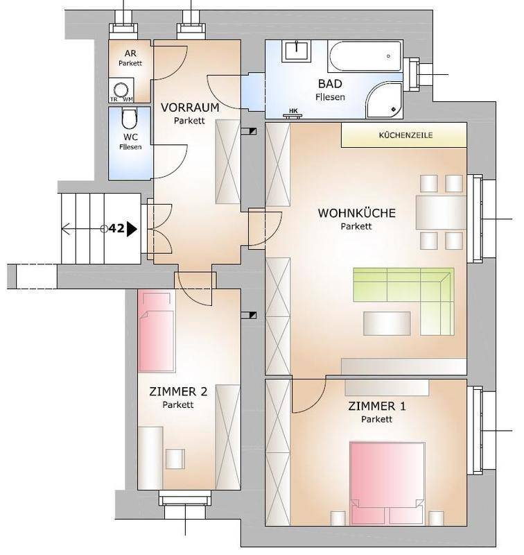 Detaillierter Grundriss einer Wohnung mit Wohnküche, zwei Zimmern, Bad und separatem WC.