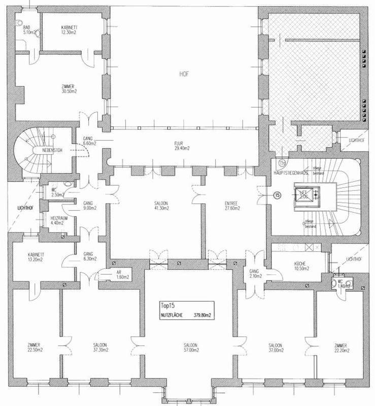 Detaillierter Grundriss einer großen Wohnung mit mehreren Salons und Zimmern.