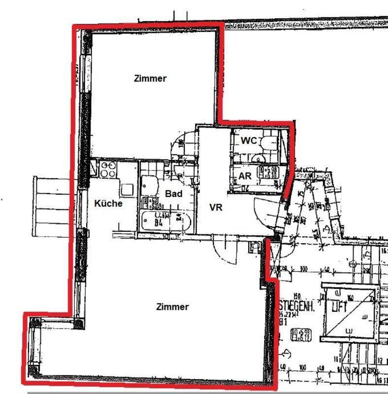Grundriss einer Wohnung mit zwei Zimmern, Küche, Bad, WC und Zugang zu einem Lift.