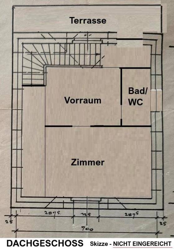 Grundriss des Dachgeschosses mit Terrasse, Zimmer und Bad/WC-Bereich.