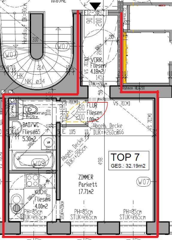 Grundrissplan der Einheit TOP 7 mit Zimmer, Bad, WC, Küche und Flur.