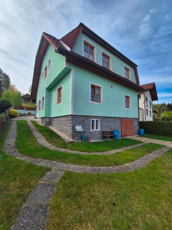 Grünes Haus mit Satteldach und Steinsockel, umgeben von Rasen und Auffahrt.
