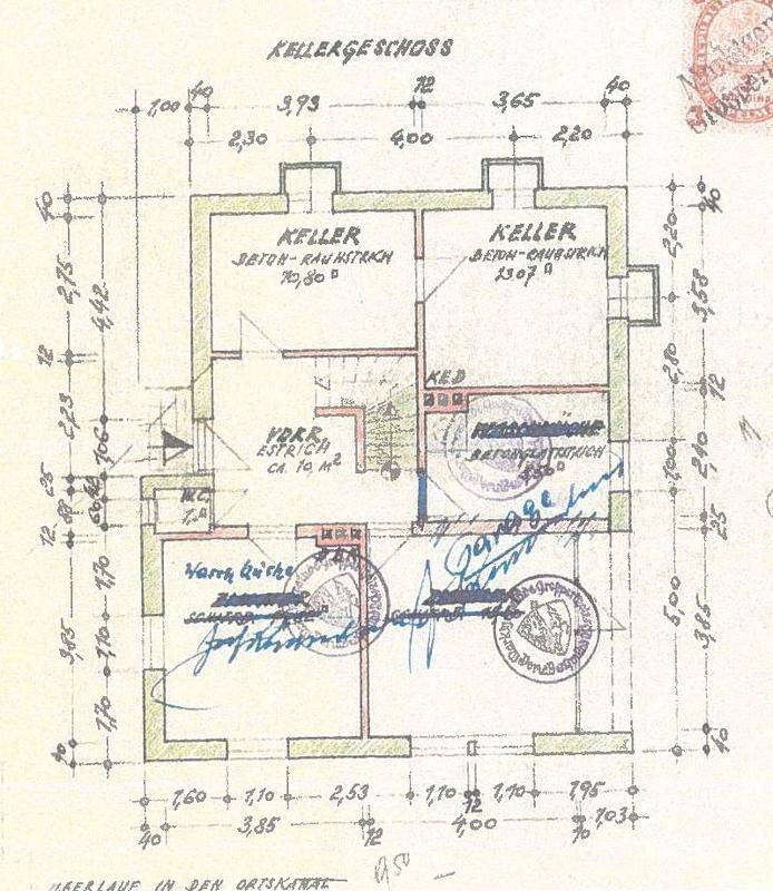 Historischer Kellergeschoss-Grundriss mit Kellerräumen und handschriftlichen Notizen.
