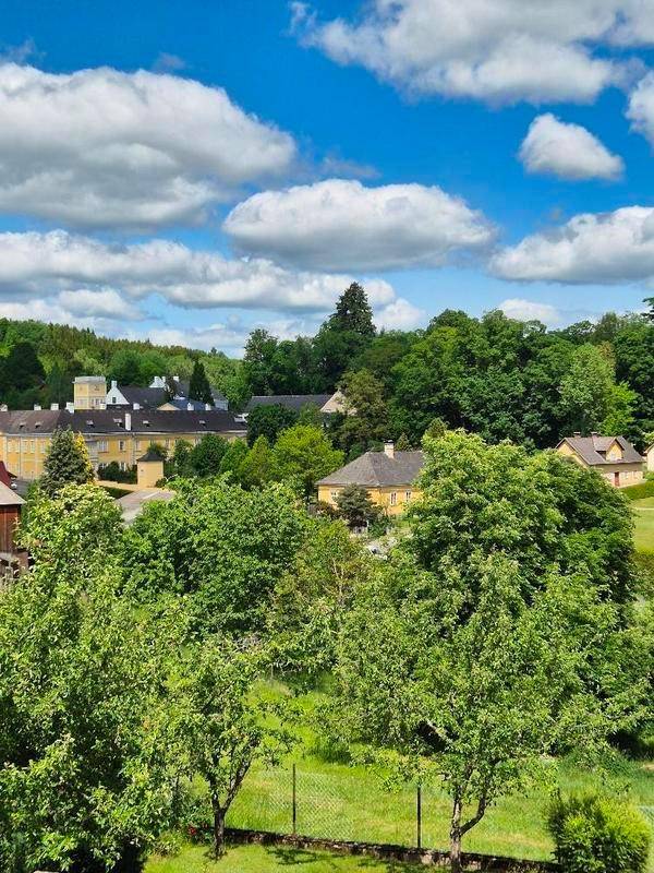 Panoramablick auf eine grüne Landschaft mit Häusern und einem Schloss im Hintergrund.