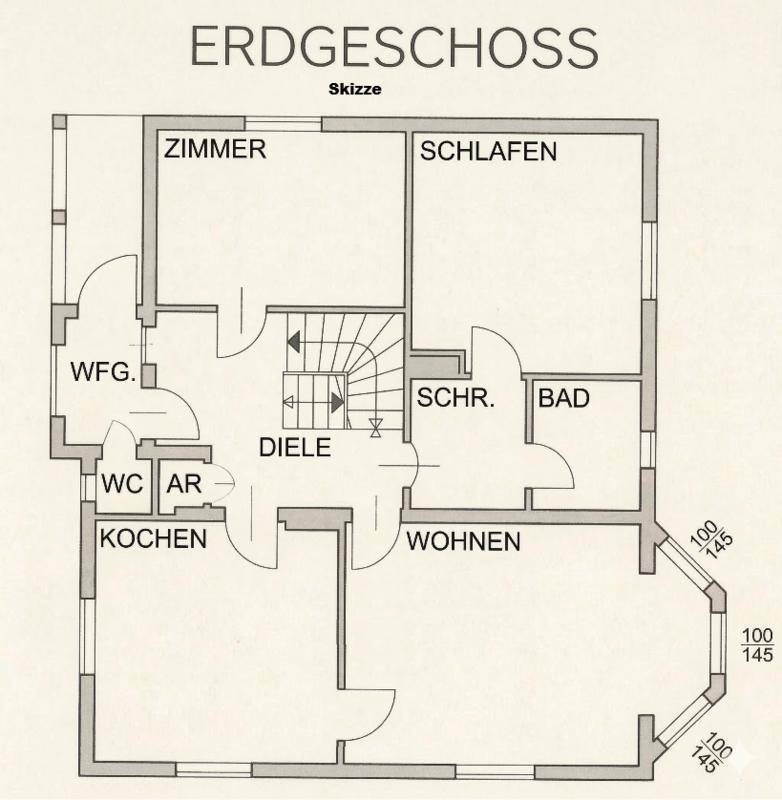Grundriss des Erdgeschosses mit Zimmern, Bad, WC und Küche.