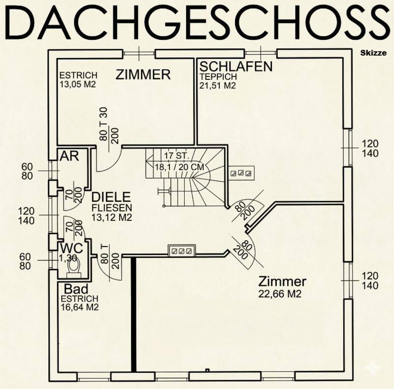 Grundriss des Dachgeschosses mit Schlafzimmern, Bad und Dachschrägen.