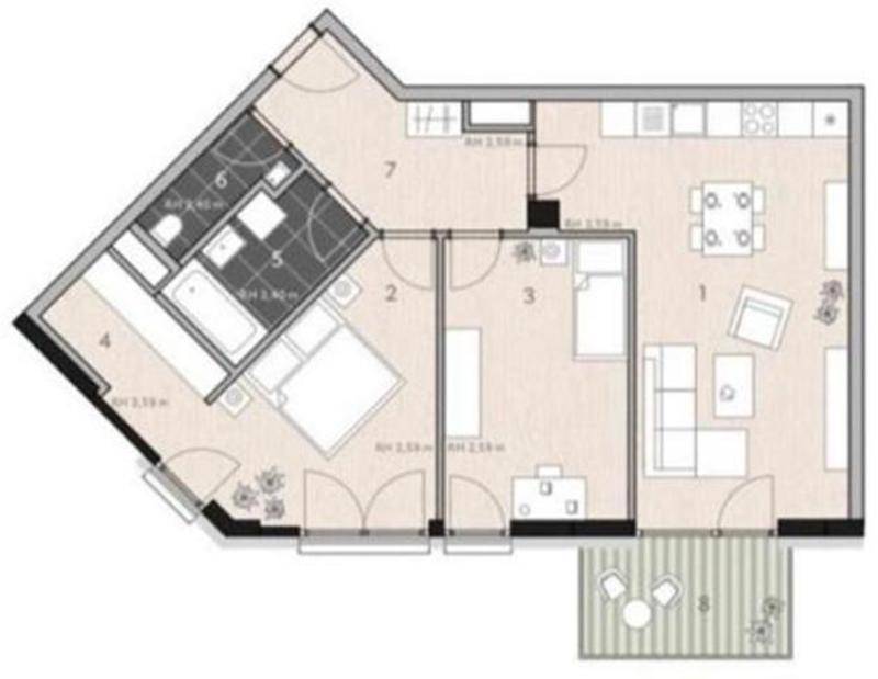 Grundriss einer Wohnung mit Schlafzimmer, Bad, Küche und Balkon.