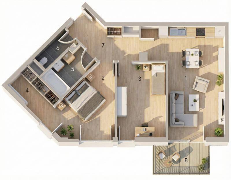 Möblierter 3D-Grundriss einer Wohnung mit offenem Wohnbereich und Balkon.