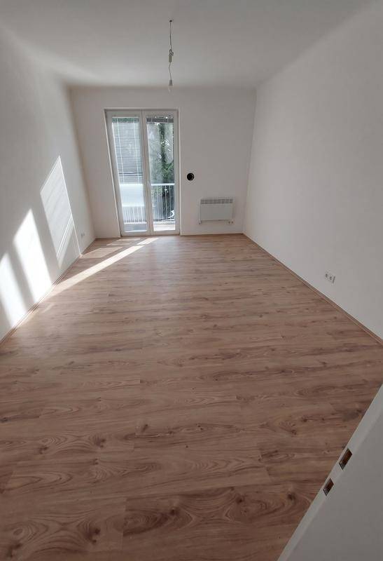 Helles, leeres Zimmer mit modernem Laminatboden, weißen Wänden und Zugang zu einem französischen Balkon.